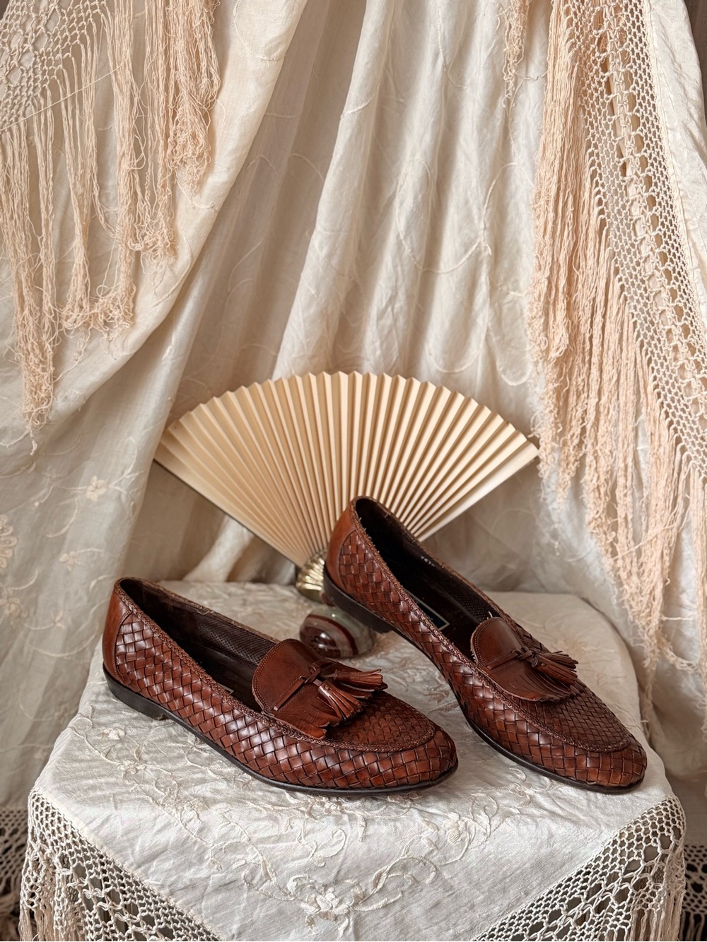 Vintage Cole Haan x Bragano Brown leather woven loafers fringe tassel